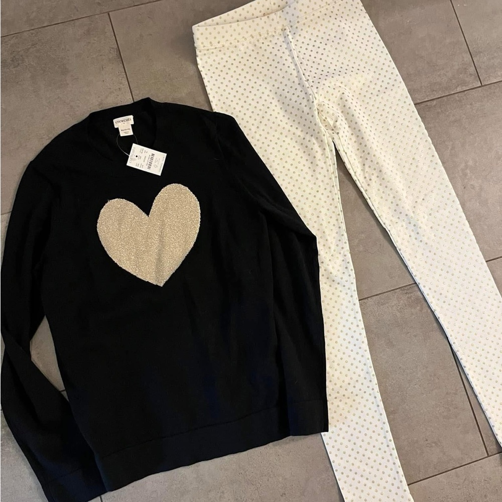 Crewcuts Black Sweater with Gold Heart and White Polka Dot Pants